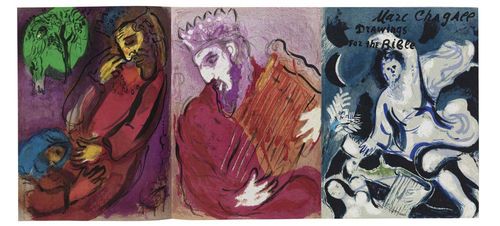 CHAGALL - BIBLE / DESSINS POUR LA BIBLE. Edition 'Verve', Vol. VIII, Nos. 33/34 and Vol. X, Nos. 37/38. Paris, Editions de la Revue Verve, 1956 and 1960. Folio, with 28 (16 colour) original lithographs  in vol 1 and 47 (24 colour) original lithographs  in vol 2 by Marc Chagall. 2 card bindings with original colour lithographs on covers. Both bibles complete with stunning lithographs and a further 201 plates.- Vol 2 in English edition. Good spotless condition. Literature: Monod 1531. Mourlot I, 117-146 and II, 230-277.