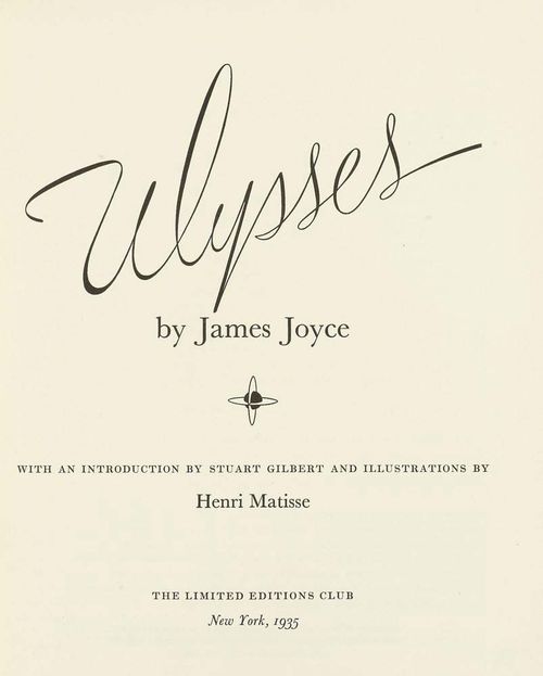 MATISSE - JOYCE, JAMES. Ulysses. With an introduction by Stuart Gilbert and illustrations by Henri Matisse. New York, The Limited Editions Club [George Macy], 1935. 4to. XV p., [1] leaves, 363 p., [1] leaves with 6 full page original -etchings in Vernis-mou technique and numerous bound drawings in facsimile von H. Matisse. Linen cover with gold embossing, board slip case. One of 1500 numbered exemplars on vélin chiffon, all reserved for members of the society, signed by Matisse in imprint. One of a very few American painters' books from the pre-war period, slip case restored. Literature: Monod 6464. Skira 257. Garvey, The Artist and the Book 197. Dutuit/Garnaud 235-240.