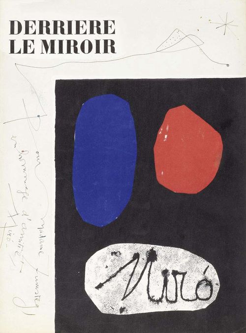 MIRÓ - ZEITSCHRIFT 'DERRIÈRE LE MIROIR'. 14 issues in 7 vols: Numbers29-30, 1950; Numbers57-58-59, 1953 with dedication to Hulda Zumsteg; Numbers139-140, 1963; Numbers151-152, 1965; No.155, 1965; Numbers164-165, 1967 (double). Loose leaves, folio with numerous original colour lithographs, some double page size, by Joan Miró. Slight wear. From the private library of Gustav Zumsteg