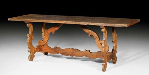 WALNUT REFECTORY TABLE,known as a "tavolo frattino", early Baroque, probably Bologna, 17th/18th century. 222x67x77 cm.