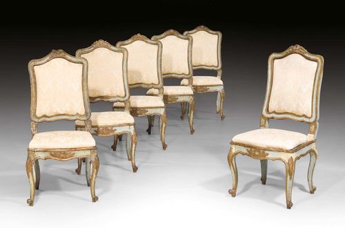 SET OF 6 PAINTED CHAIRS "A LA REINE",Louis XV, probably Genoa circa 1760. Carved wood painted blue/green. Beige fabric covers. 55x48x46x102.5 cm. Provenance: - From an English private collection. - Christie's London auction on 14.3.2005 (Lot No. 157). - Private collection, Switzerland. A fine, high quality set.