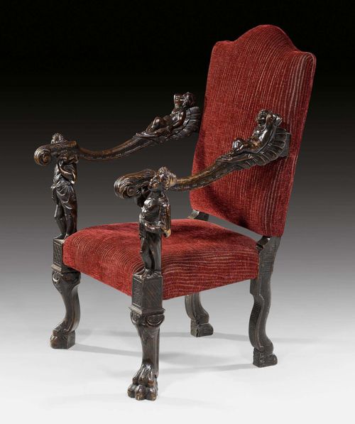 ARMCHAIR "AUX ENFANTS",late Baroque, in the style of A. BRUSTOLON (Andrea Brustolon, 1662-1732), Venice, 19th century. Richly carved walnut. Dark red fabric cover. 85x54x70x118 cm.