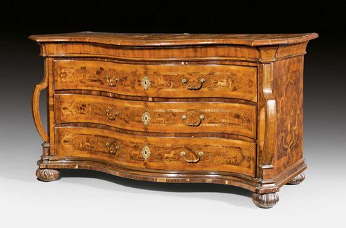 LARGE COMMODE,Baroque, Beromunster circa 1740. Walnut and various fruitwoods in veneer, with exceptionally fine inlays and partly ebonized. Front with 3 drawers. Bronze mounts and drop handles. 152x66x89 cm.