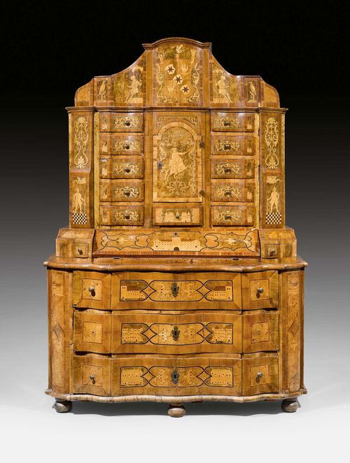 BUREAU CABINET,Baroque, South German circa 1740. Walnut, burlwood and local fruitwoods in veneer with exceptionally fine inlays. Fall-front writing surface. Various secret drawers. Bronze mounts. Some restoration required. 160x75x(open 88)x225 cm.