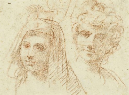 Attributed to PRETI, MATTIA (Taverna 1613 - 1699 Valetta) Study sheet with four portraits. Red chalk drawing. 11.5 x 14.8 cm. framed.