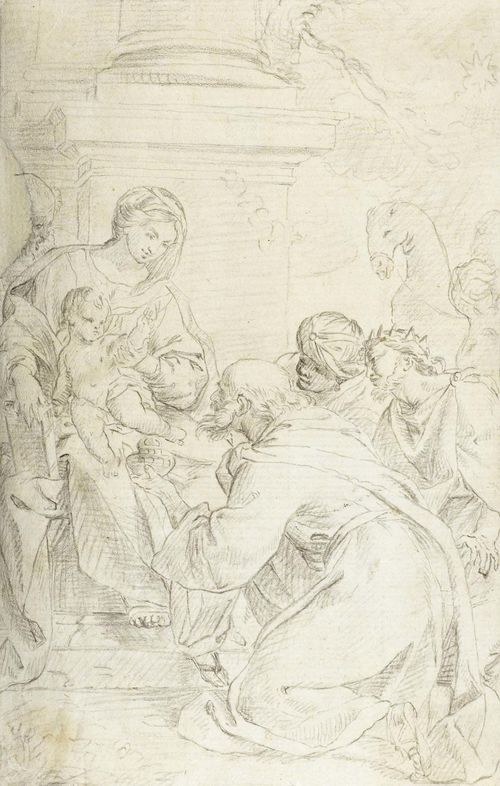 Attributed to GAMBARINI, GIUSEPPE (1680 Bologna 1725) The adoration of the Three Kings. Black pencil. 20.3 x 13.6 cm. framed.