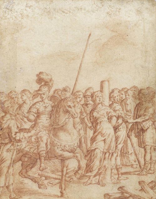 SCHOOL OF GENOA, CIRCA 1600 Clorinda frees Olindo and Sofronia. Red chalk drawing. 14 x 18 cm. framed.