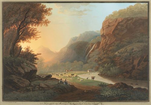 BLEULER, JOHANN HEINRICH (Zollikon 1787 - 1857 Feuerthalen).Die Wasserfälle bey Meiringen im Haslital Canton Bern, 1816. Gouache with black gouached outer line and grey gouached margin  48.2 x 69 cm. Inscribed lower left in brown pen: gemalt von Joh. Heinrich Bleuler, Sohn 1816. Rechts unten bez.: In Feuerthalen bey Schaffhausen. Gold frame. Minor crease on lower left of grey margin. Minor foxing on lower margin. Overall pleasing condition.