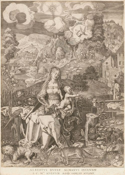 AEGIDIUS SADELER (Antwerp 1570 - 1629 Prague).The Virgin Mary with the infant Jesus in a broad landscape: Albertus Durer Almanus Inventor. Engraving, 34.1 x 24.5 cm. Bartsch 75. Very fine, even and silvery impression. Fine small margin around the plate edge and full text border. With flattened folds, visible only on the reverse. Remains of old mount on left margin verso. Overall very good condition. Provenance: collection of G.A.Cardew, London, Lugt 1134.