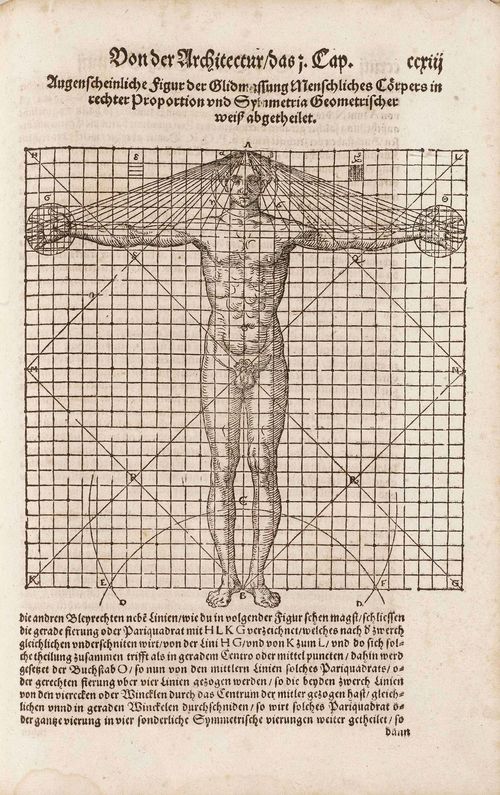 - Vitruvius [Pollio]. Des aller namhafftigtsten unnd Hocherfarnesten Römischen Architetti, unnd Kunstreichen Werck oder Bawmeysters Marci Vitruvii Polionis, Zehen Bücher… 10 Tle. in 1 Bd. Basel, Seb. Henricpetri, 1575. Fol. Titel in Rot u. Schwarz, [17] Bl. Privileg, Vorrede u. Register, 1 weiss, 681 röm. num. S., [1] Bl. Mit ca. 150, teilw. ganzseit. Holzschnittillustr. u. Holzschnitt-Druckermarke. Pgt. d. Z. (Etwas unfrisch, Deckel wellig, Pergament mit Einschnitten, vord. Gelenk gelockert, Schliessbänder fehlen).