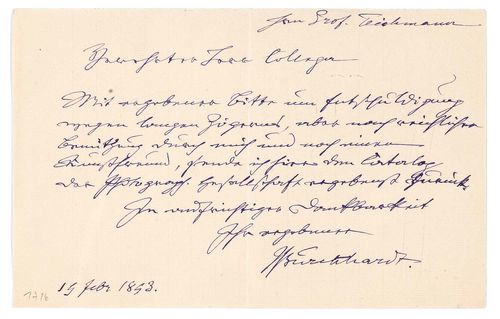 Burckhardt, Jacob. Eigenh. Briefkarte m. U., 19. Febr. 1893. 1 Bl. Qu.-8°, 1 S. beschrieben.