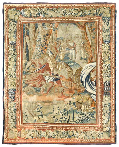 TAPESTRY "AUX CHASSEURS",Baroque, Flemish, 17th century. Some restoration required. H 270 cm, W 225 cm.