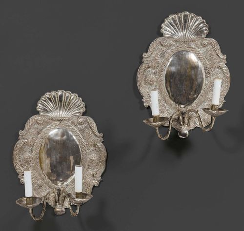 PAIR OF "BLAKER" WALL APPLIQUES,Baroque, Germany, 18th/19th century. Silver-plated brass. Fitted for electricity. H 51 cm, W 38 cm.