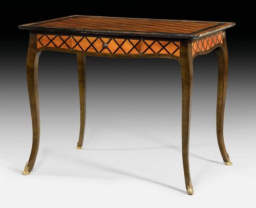 SALON TABLE,Louis XV, probably by J. AEBERSOLD (Johannes Aebersold, 1737-1812), Bern circa 1770. Birch, pearwood and local fruitwoods in veneer with fine inlays. The front with 1 drawer. Wooden knob. 85x60x70 cm.