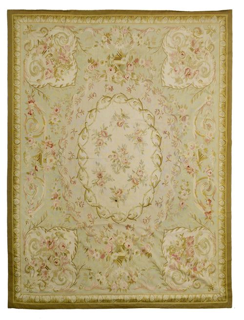 AUBUSSON CHINA.Light green ground with a beige central medallion, the entire carpet is florally patterned in delicate pastel colours, 235x300 cm.