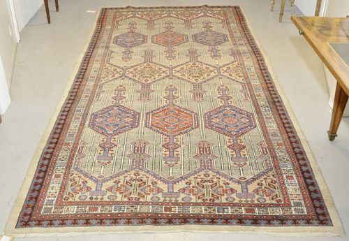 AZERBAIJAN old.Beige, green central field with rod-medallions, white edging, 165x340 cm.