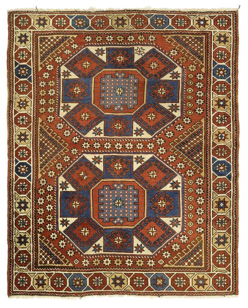BERGAMA antique.Rust coloured ground with two bulky medallions, white edging, restored, 157x185 cm.