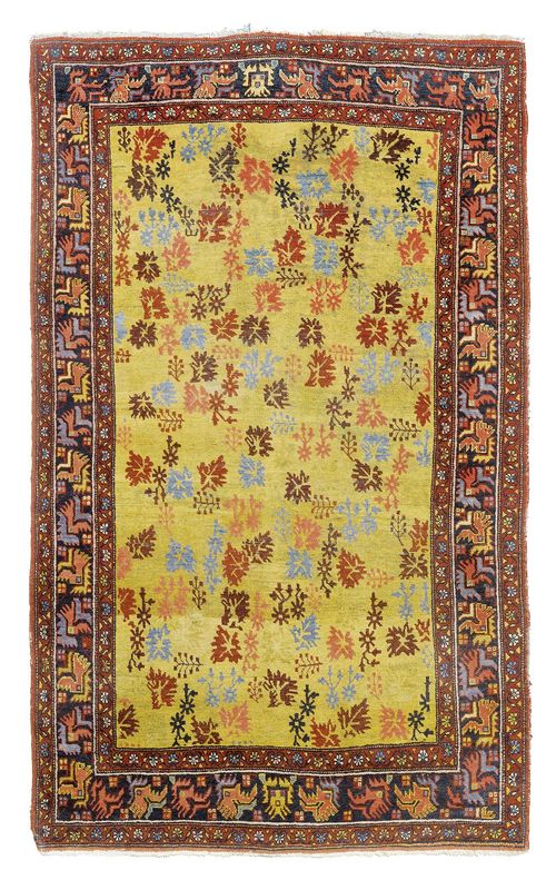 BIDJAR antique.Yellow central field patterned throughout with stylized plants, blue edging, 135x209 cm.