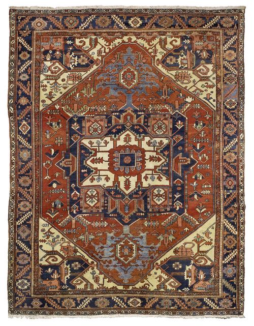 HERIZ antique.Red ground with a bulky central medallion and white corner motifs, typically patterned, blue edging, signs of wear, 290x350 cm.