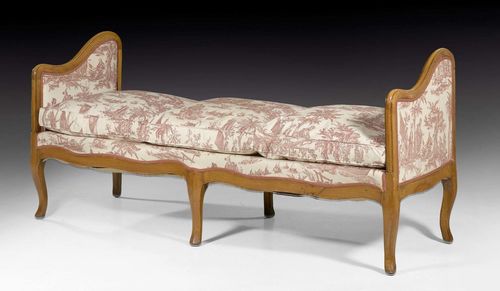 WALNUT ALCOVE BANQUETTE,Louis XV, France circa 1760. Polychrome fabric cover. Seat cushion. 180x60x50x80 cm. Provenance: from a highly important Swiss private collection.