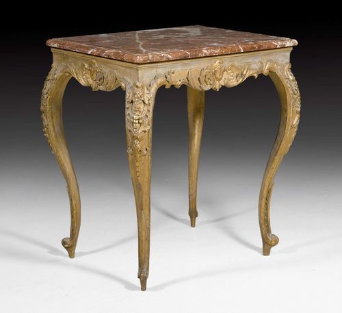 SIDE TABLE,late Louis XV, France, 19th century. Richly carved and gilt wood. Rectangular, red/white veined marble top. 62x47x70 cm. Provenance: from a highly important Swiss private collection