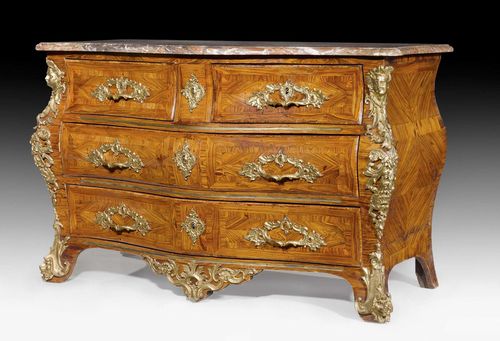 COMMODE "EN TOMBEAU",Regence/Louis XV, stamped CRIAERD (Mathieu Criaerd, maitre 1738), Paris circa 1740/50. Kingwood and rosewood in veneer, inlaid with reserves and decorative frieze. Front with 3 drawers, the top drawer divided into 2. Rich, matte and polished gilt bronze mounts and sabots. Replaced grey/pink speckled marble top. 132x56x82 cm. Provenance: - Private collection, Germany. - Galerie Koller Auction on 11.11.1971 (Lot No.. 1921). - From a highly important Swiss private collection.