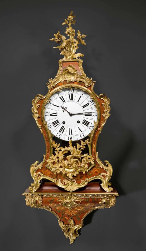 LARGE PAINTED CLOCK with plinth,Louis XV, the movement signed RABBY A PARIS (Francois Rabby, maitre 1717), Paris circa 1745/50. Painted wood. Enamel dial and verge escapement striking the 1/2 hours on bell. Exceptionally fine, matte and polished gilt bronze mounts and applications. 50x35x129 cm. Provenance: from a highly important Swiss private collection.