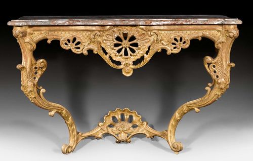 CONSOLE "AUX CARTOUCHES",Louis XV, Paris circa 1760. Pierced and exceptionally finely carved gilt oak with cartouches, leaves and decorative frieze. Shaped, grey/pink speckled marble top. 125x54x85 cm. Provenance: from a highly important Swiss private collection.