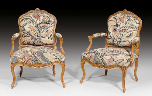 PAIR OF TAPESTRY FAUTEUILS "A LA REINE",Louis XV, probably by J.B. TILLIARD (Jean-Baptiste I Tilliard, maitre 1738 or Jean-Baptiste II Tilliard, maitre 1752), Paris circa 1750. Shaped and finely carved beech. Fine tapestry cover with colorful flowers and leaves. 69x60x46x93 cm. Provenance: from a highly important Swiss private collection.