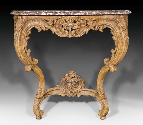 CONSOLE,Louis XV, Paris circa 1760. Exceptionally finely carved oak. Shaped "Griotte Rouge" top. 105x53x88cm. Provenance: from a highly important Swiss private collection.