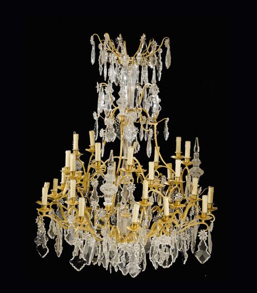 IMPORTANT CHANDELIER,Louis XV style, Paris. Bronze and brass with cut glass and crystal hangings. Fitted for electricity. H approx. 125 cm, W approx. 85 cm. Provenance: from a highly important Swiss private collection