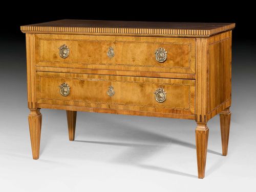 COMMODE,Louis XVI, attributed to C. HOPFENGARTNER (Christoph Hopfengaertner, 1758-1843), Bern circa 1800. Fluted walnut and local fruitwoods, inlaid with reserves and fillets. Front with 2 drawers. Gilt bronze mounts. 110x55x79 cm. Provenance: from a highly important Swiss private collection.