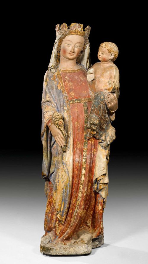 MADONNA AND CHILD,Gothic, France, probably Alsace/Lorraine, mid-14th century. Limestone carved full round, various old remains of paint. H 119 cm. The forearms of the Child missing, his head is reattached.