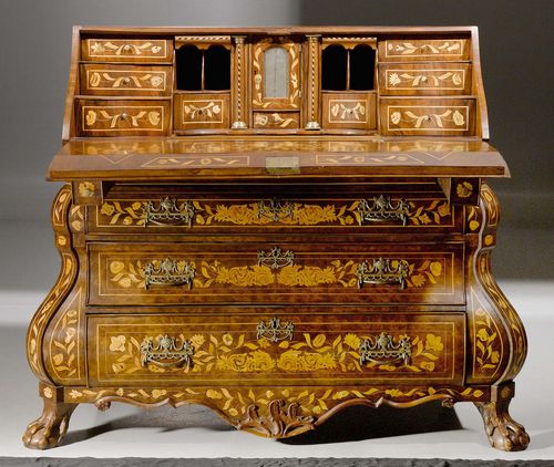 BUREAU CABINET "A FLEURS",Baroque, Holland,18th century. Mahogany, walnut and various fruitwoods in veneer with very fine inlays on all sides. Fall-front writing surface above 3 drawers. Fitted interior of drawers and compartments. Secret compartment. Fine, gilt bronze mounts. 135x61x111 cm. Provenance: - From a Roman collection. - Galerie Koller Zurich auction on 4.12.2007 (Lot No. 1041). - Private collection, Zurich.
