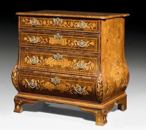 COMMODE "A FLEURS",late Baroque, Holland, 18th/19th century. Mahogany, walnut and various fruitwoods in veneer with exceptionally fine inlays. Front with 4 drawers. Gilt bronze mounts. 87x50x82 cm. Provenance: - From a Roman collection. - Galerie Koller Auction on 4.12.2007 (Lot No. 1035). - Private collection, Zurich.