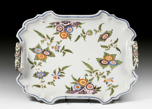 TWO-HANDLED PLATTER 'A BLANJAR', Le Nove, Pasquale Antonibon, circa 1740-1770. 41x 32.5cm. Small hair-line crack on one handle restored.