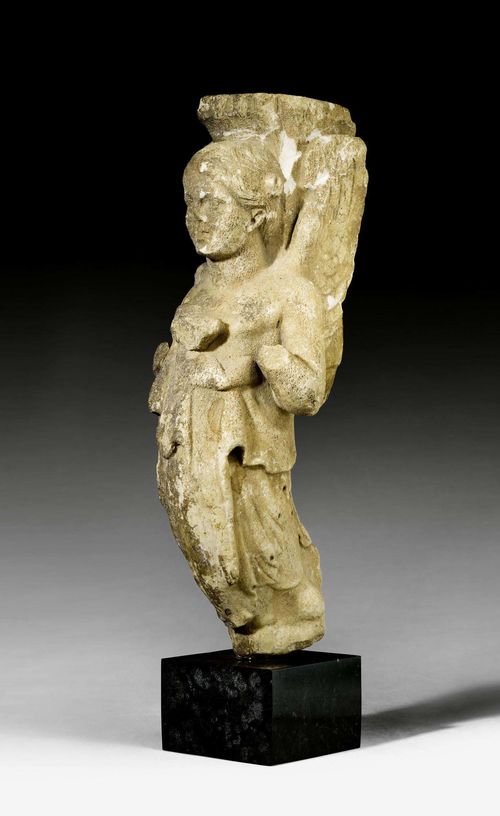 MARBLE CARYATID,Roman, 2nd/3rd century AD. Probably fragment of a table leg. Mounted on black stone base. Arms missing. H with base 68.5 cm. Provenance: - Sam Dormont, Tel Aviv. - Swiss private collection, acquired 1978.