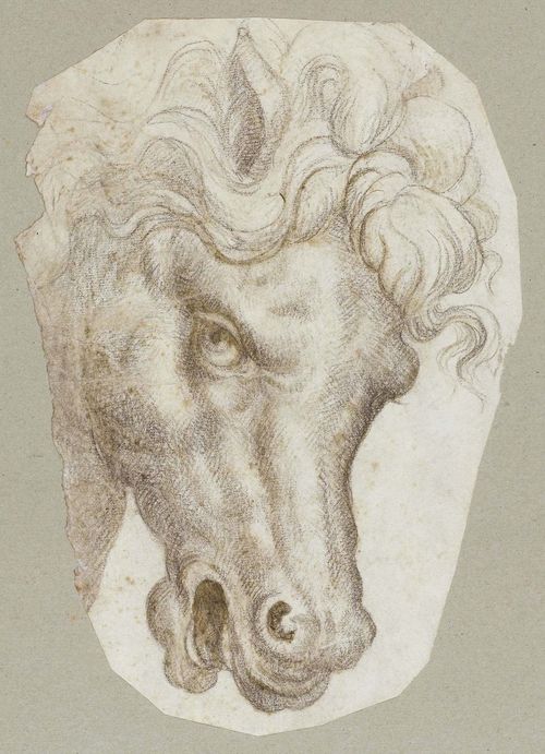 Circle of ROSSI, FRANCESCO DEL ( IL SALVIATI) (Florence 1510 - 1563 Rome ) Horse's head. Black chalk. 27 x 19 cm (oval cut). Framed.