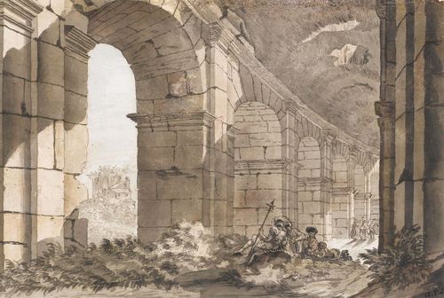 ITALIAN SCHOOL, 18TH CENTURY View into a colonnade of the Coliseum. Pen and brush in grey and brown. Inscribed lower right in black pen (monogrammed?): G.F.S. 22 x 32.5 cm. Framed.
