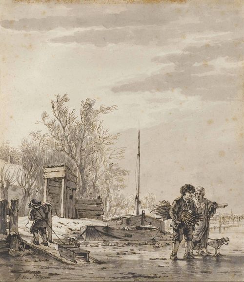 STRIJ, JACOB VAN (1756 Dordrecht 1815) Winter landscape with figures, a dog and youth with sledge on a frozen lake. Brown pen with grey wash. Signed lower left: J: van Stry. 27.6 x 24.3 cm. Framed. Provenance: - Christie's Amsterdam, November 1992, No. 689 - collection of Robert Noortman, Belgium