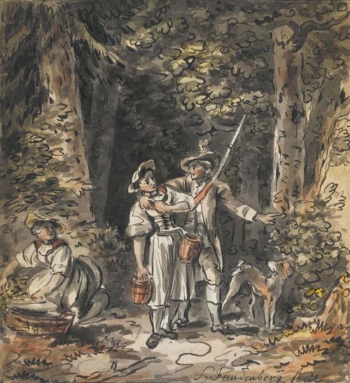 FREUDENBERGER, SIGMUND (1745 Bern 1801).Forest clearing with hunter and two peasant girls. Black pen, with grey wash and watercolour. 11.4 x 10.2 cm. Signed lower right in black pen: S. Freudenberger fecit. Framed.