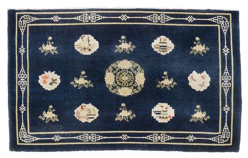 CHINA antique.Blue central field with floral medallions, blue edging, 127x212 cm.