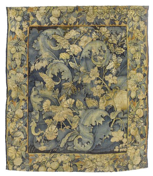 VERDURE TAPESTRY "FEUILLAGE A LIBELLULE ET ANIMAL",Renaissance, probably Brussels circa 1550. H 209 cm, W 238 cm. With expertise from Professor G. Delmarcel, Antwerp 2011.