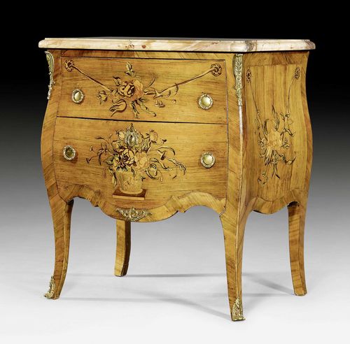COMMODE "A FLEURS",Transition, the circle around the factory ROENTGEN (David Roentgen, maitre 1780), German circa 1785. Walnut, maple and various, partly dyed precious woods in veneer with fine inlays. The front with 2 drawers sans traverse. Gilt bronze mounts and sabots. Gray/beige speckled marble top. With later signature HACHE A GRENOBLE. 72x79x77 cm. With expertise from Dr. T. Cornet, Munich, October 2000.