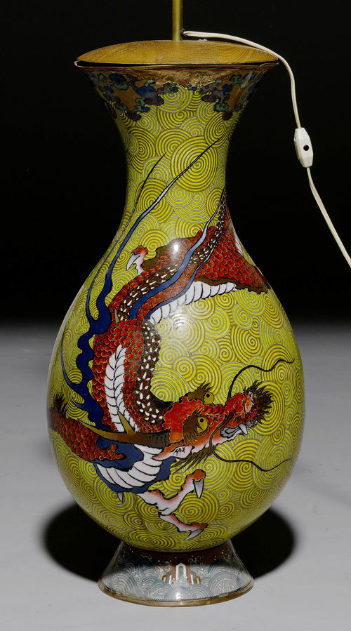 LARGE DROP-SHAPED CLOISONNÉ VASE WITH A WRITHING DRAGON ON A YELLOW SPIRAL GROUND. Japan, Meiji Period, Height 62.5 cm. Mounted as a lamp. Damaged.