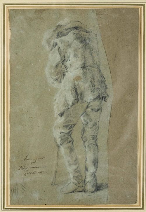 Attributed to WOUWERMAN, PHILIPS (1619 Haarlem 1668) Back of a man, supporting himself on a stick. Black and white chalk. On greyish hand-made paper. Old inscription in brown pen lower left: Prinnipaal (?) van Philip Wouwerman...(unidentified). 24.7 x 12.8 cm (unevenly cut). Framed.
