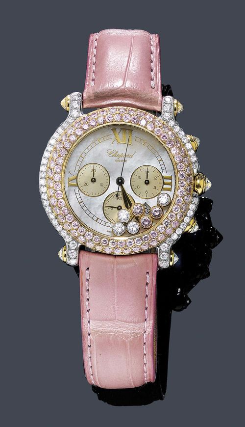 A LADY'S DIAMOND WRISTWATCH CHRONOGRAPH, CHOPARD, HAPPY DIAMOND. White and pink gold 750. Ref. 28/3340-29, Model La Vie en Rose. Total weight of the 95 pink and 73 white diamonds 7.90 ct. D 38 mm.