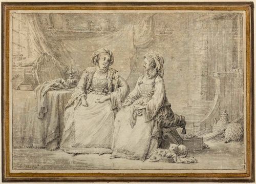 HILAIRE, JEAN BAPTISTE (Audum-le-Tiche 1753 - after 1822) Interior with two women conversing. Brush and pen in black and grey. Signed and dated lower left: Hilaire 17(?).Inscribed verso on back panel: Jean Baptiste Hilaire. 15.3 x 22.8 cm. Framed.