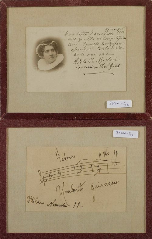 Giordano, Umberto, Komponist (1867-1948). Eigenh. musikal. Widmungsblatt. Mailand, November 1899. 9 x 14 cm. Gerahmt.