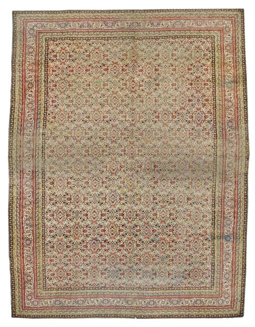AGRA antique.Beige central field decorated with a herati pattern in delicate pastel colours,  stepped edging, strong signs of wear, 460x630 cm.